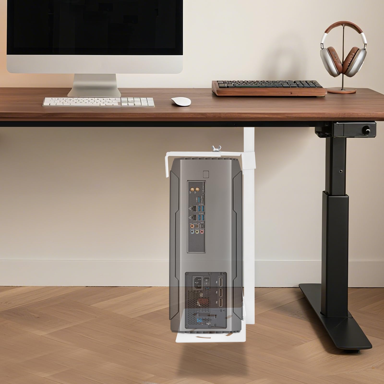 Support PC sous bureau, support PC réglable avec trous de refroidissement de plaque de base pour grands PC gamer, support mural pour PC, gain de place, capacité de charge 30 kg (blanc)
