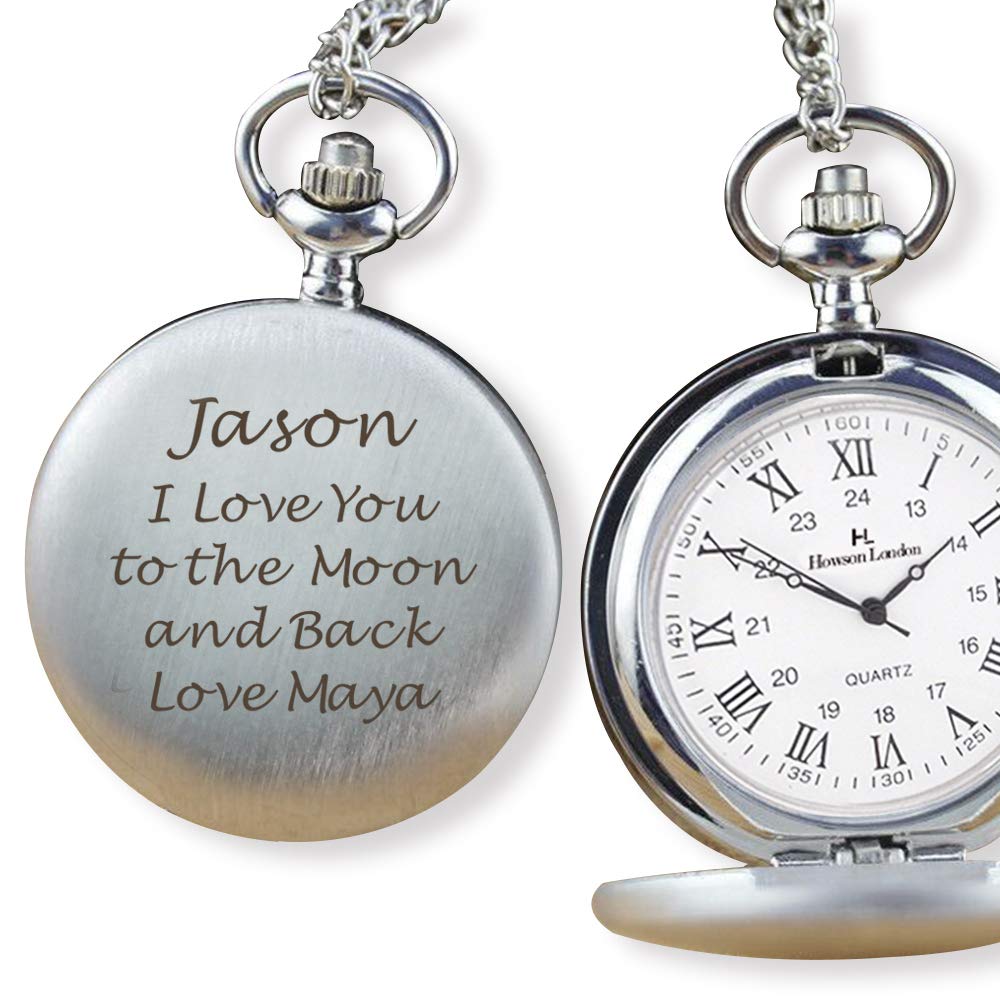 Pocket Watch Personalized Pocket Watch with Chain Gifts for Him Men Husband Father Best Man Groomsman Usher Grandpa Daddy Dad for Anniversary Birthday Christmas Fathers Day Wedding Valentines Day Xmas(Silver)