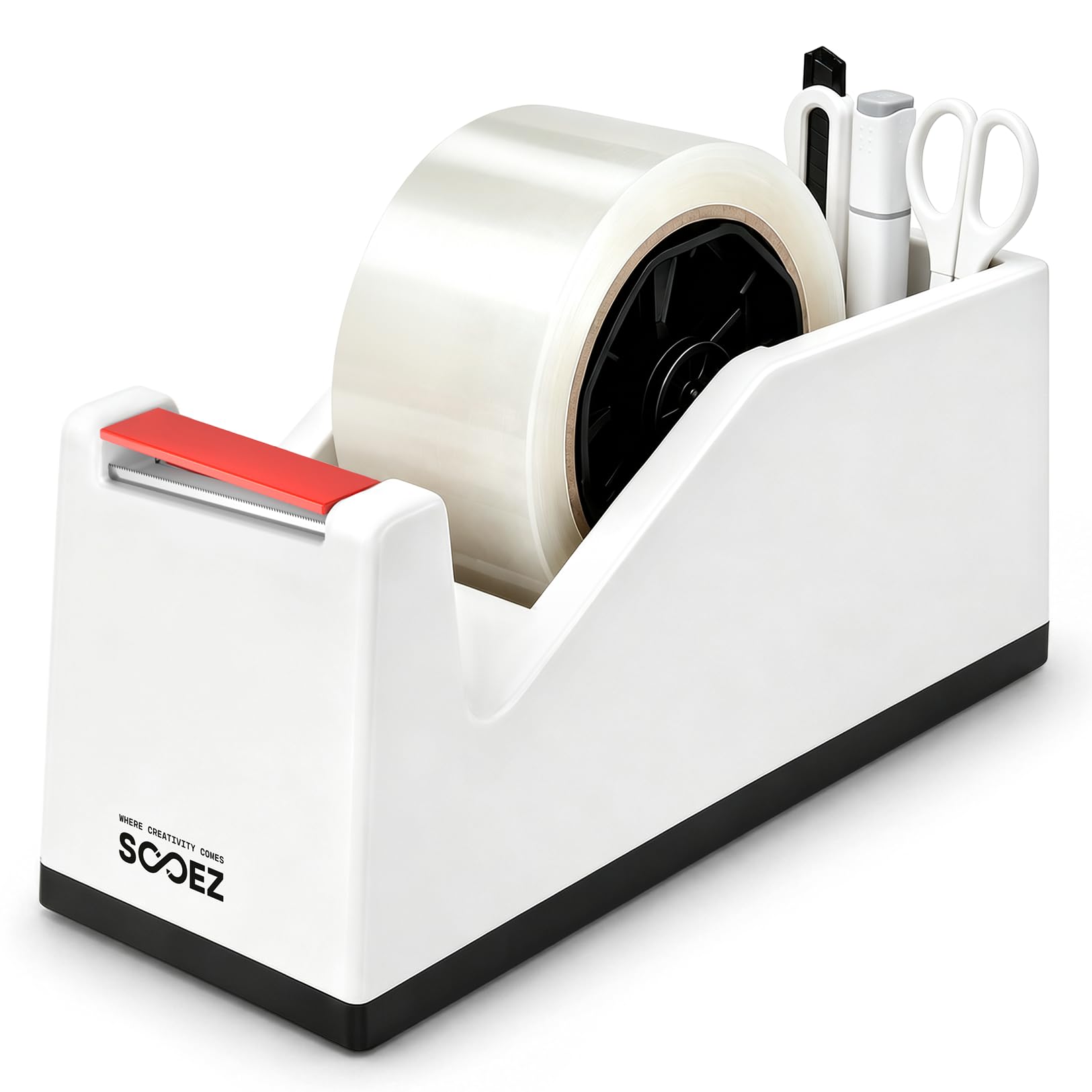 Sooez Dispenser resistente con 1 rotolo di nastro da imballaggio da 4,78 cm x 50 m, taglierina per nastro da scrivania con vano portaoggetti, adatto per rotoli larghi 4,78 cm per spedizioni, traslochi