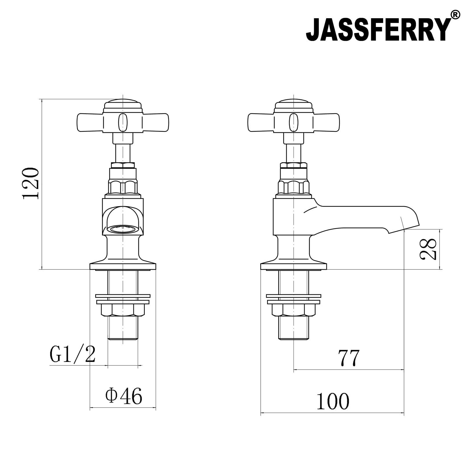 JASSFERRY - Coppia di rubinetti per lavabo, con manico a croce in ceramica, per lavandino da 1,2 cm