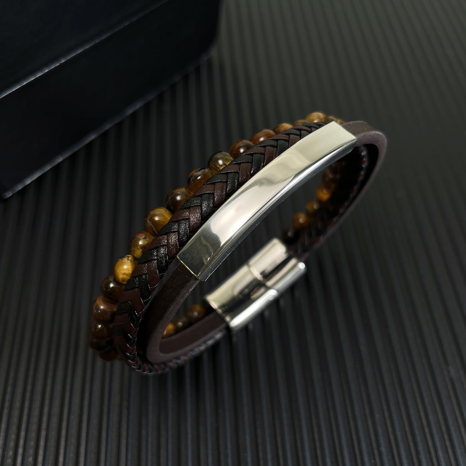 Mens Leather Bracelet Bangle Tiger Eye Stone Beads Braided Genuine Brown Leather Bracelet for Men Vintage Jewelry - Image 2