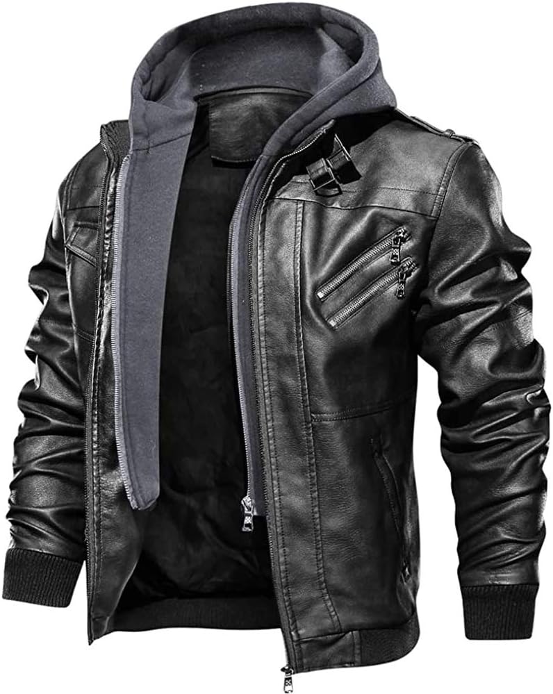 Leather Bomber Jackets for Men Pilot Jacket with Hood Cycle Motorbike Jacket Stylish Coat Autumn Aviator Black L