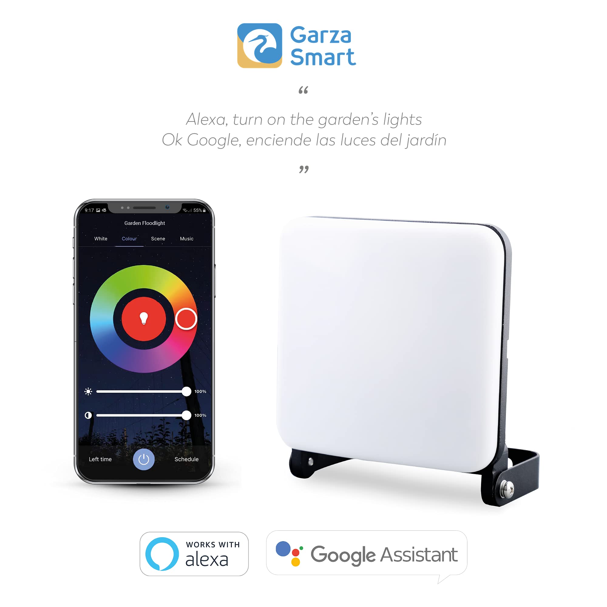 Garza Smarthome inteligentny reflektor LED, Wi-Fi, 24 W, możliwość ściemniania, białe światło, ze zmianą intensywności, temperatury i koloru, programowalny, kompatybilny z Amazon Alexa i Google Home