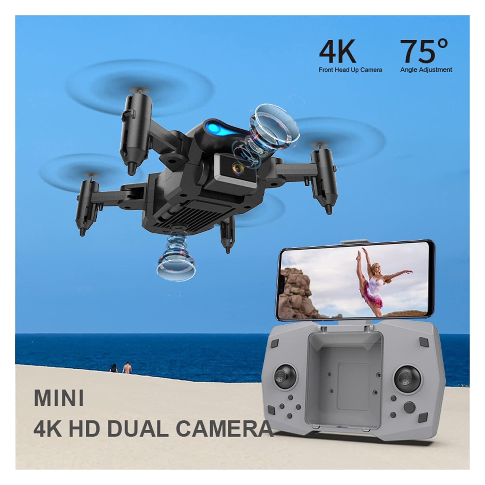 Składany dron Quadcopter Mini Drone Podwójna kamera 4K HD 2.4G WiFi FPV Przenośny składany quadkopter z jednym powrotnym RC helikopter (Kolor: Szary-Nocamera-1B-Rozmiar torby: 1) (Szary Nocamera)