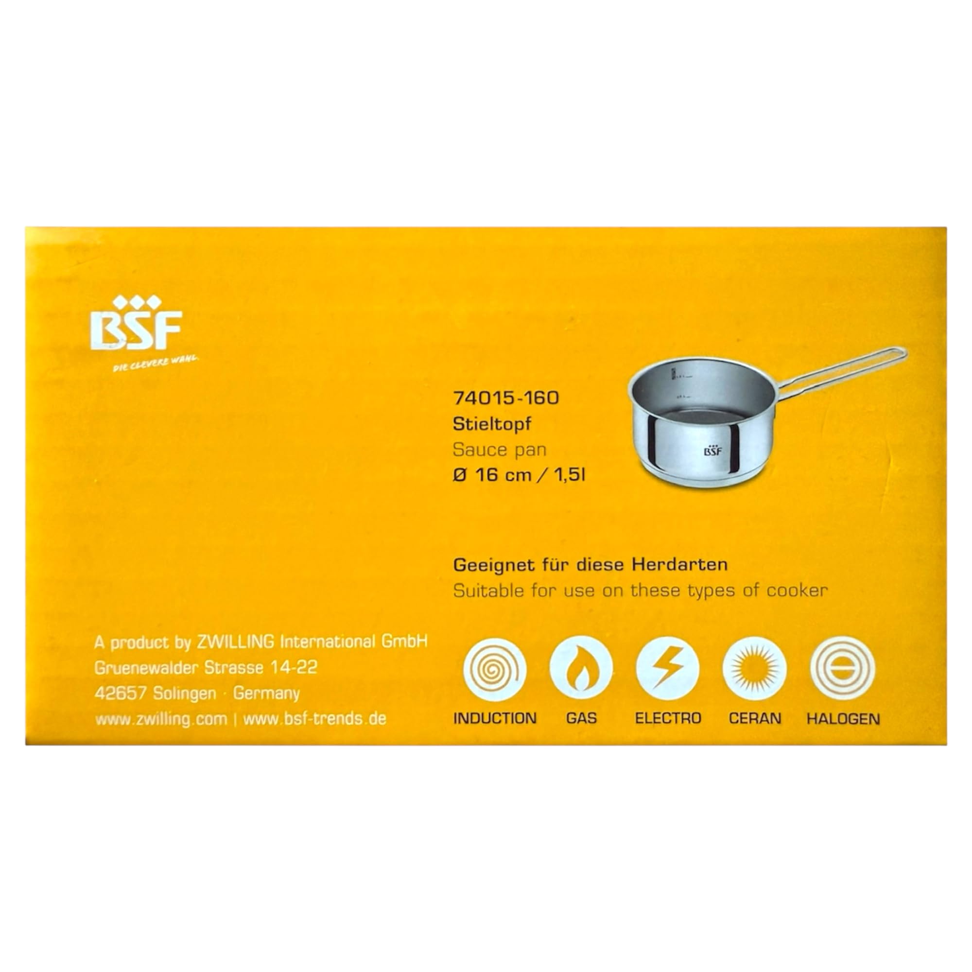 Zwilling BSF Burdeos - Cacerola (16 cm, 1,5 L, acero inoxidable, con escala interior (0,5 l/1 l), cacerola con mango apto para inducción, apto para lavavajillas, cacerola
