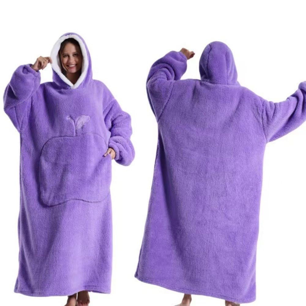 Winter Warm Flannel Apple Emobrodery TV Blankets Pink Christmas Pajamas Family Matching Clothes Hooded Oversized Sweatshirts (Purple,length-140cm)