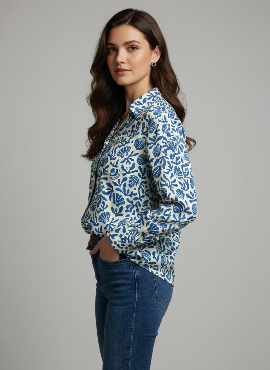 ANNI Designer Bedrucktes Damenhemd aus Baumwollmischgewebe, langärmelig, normale Passform, Hemdkragen, legere Bürokleidung, elegante Western-Kleidung für den Alltag, Hochzeit, Party