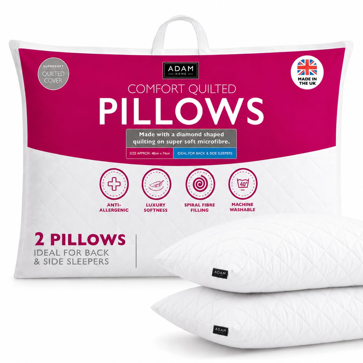 Adam Home Pillows 2 Pack Hotel Quality with Quilted Cover Hypoallergenic & Dust Mite Resistant Filling – Ideal for Stomach, Back and Side Sleepers Down Alternative Hotel Pillows