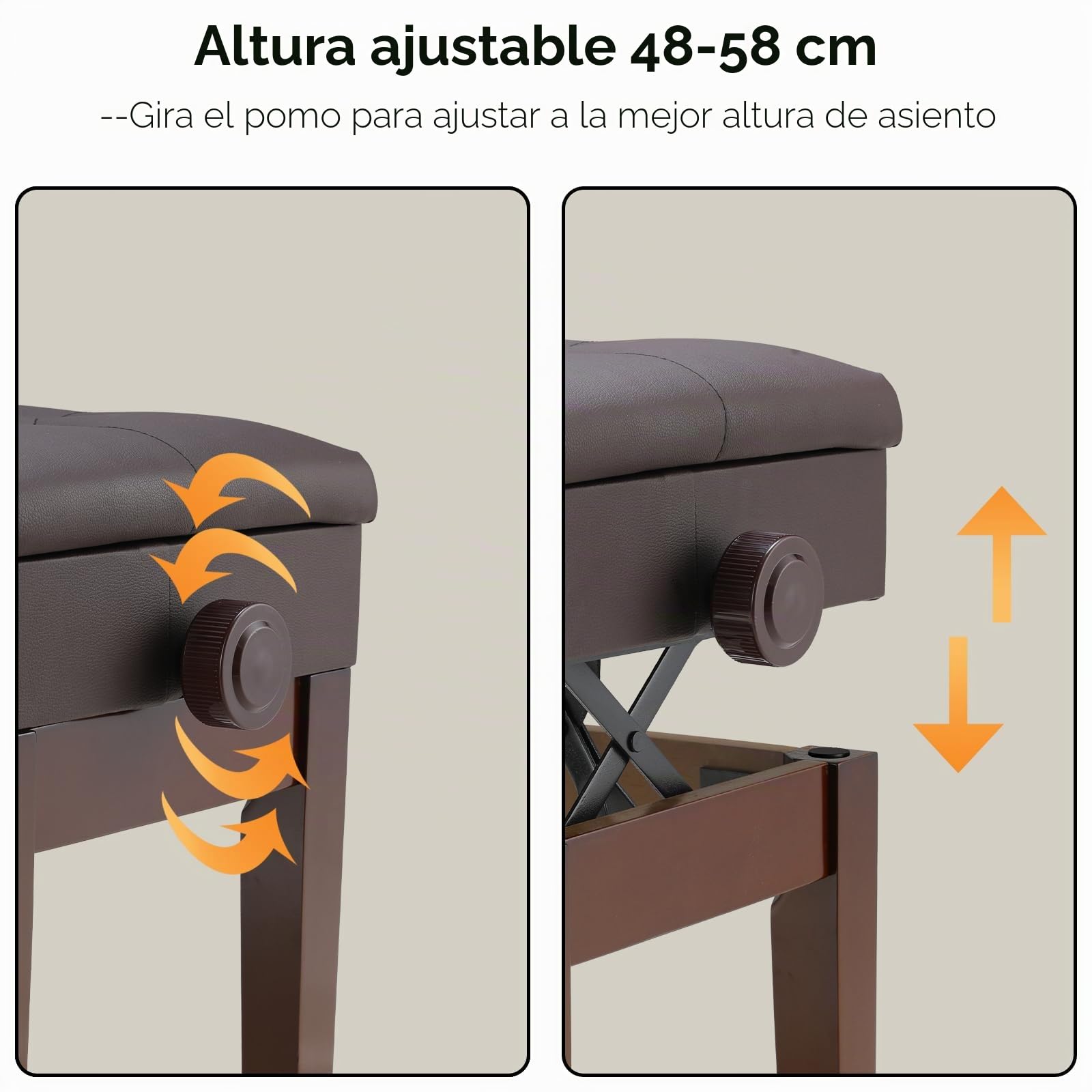 MAMIZO Banqueta Piano Regulable Altura 72x33x58CM, Banco Piano con Espacio Almacenamiento, Silla Piano, Banqueta Piano Carga Máxima 200KG, 4 PCS Patas Piano Madera Maciza, Marrón Oscuro