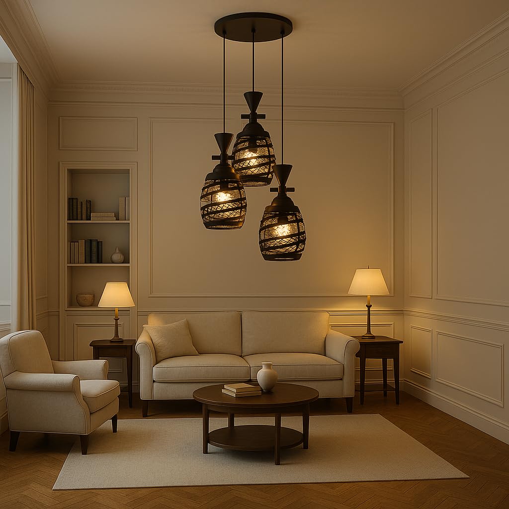 TRIPPING Modern Black Metal 3-Lamp Pendant Light with Textured Glass and Spiral Cage Design – Ideal for Living Room, Dining, or Decorative Ceiling Lighting-image-28