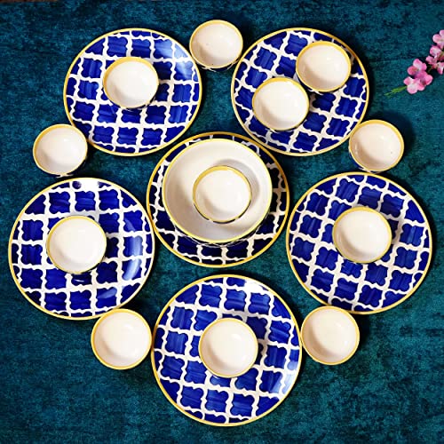 Image of Morrocan /Umrao Handpainted Premium Ceramic Dinner Set 19 Pieces - 6 Dinner Plates & 12 Bowls with 1 Large Bowl Serving for 6