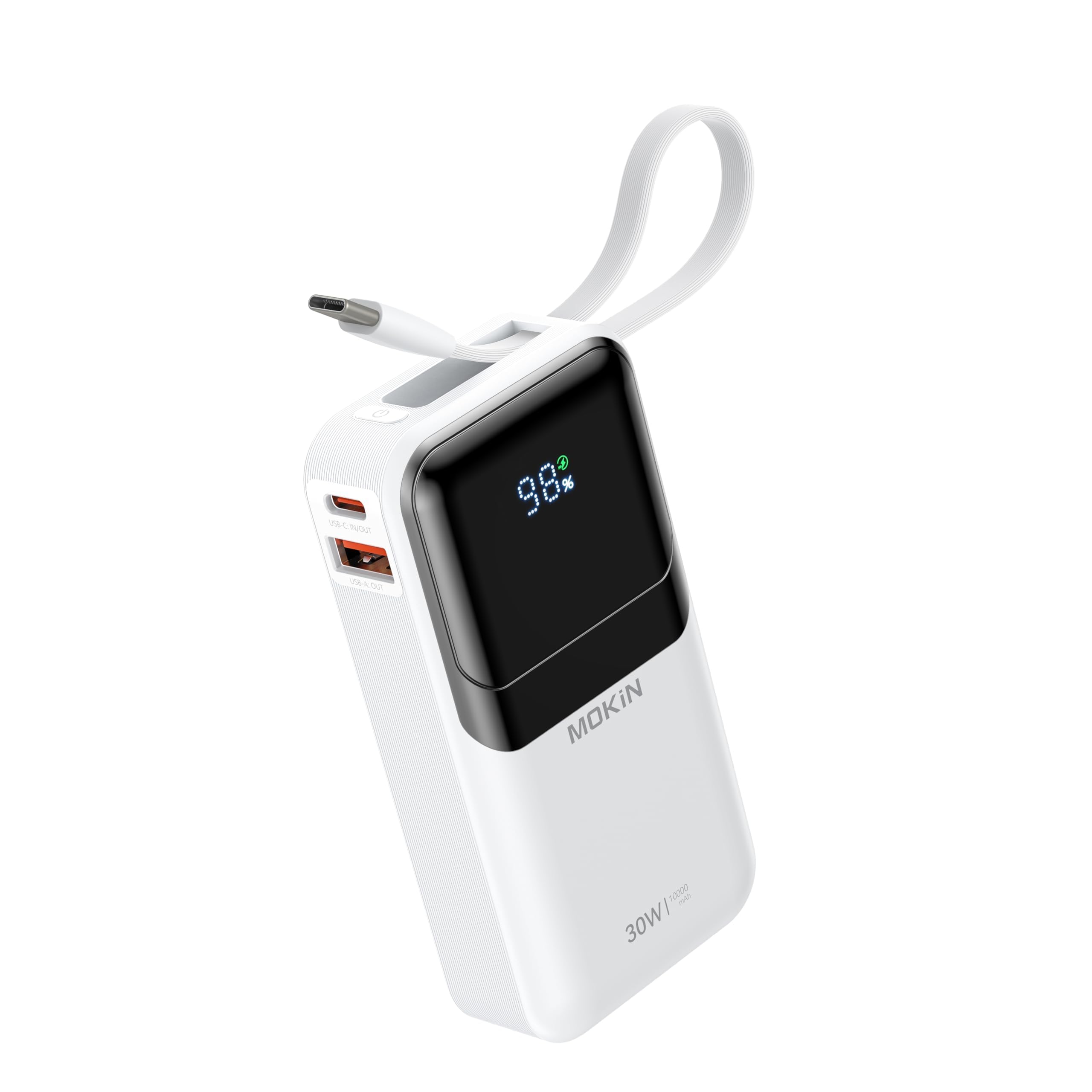MOKiN Portable Charger, 10000mAh 30W Power Bank Fast Charging, Phone Battery Pack with Built in Cable, 4 Outputs, Travel Compact Powerbank USB C for