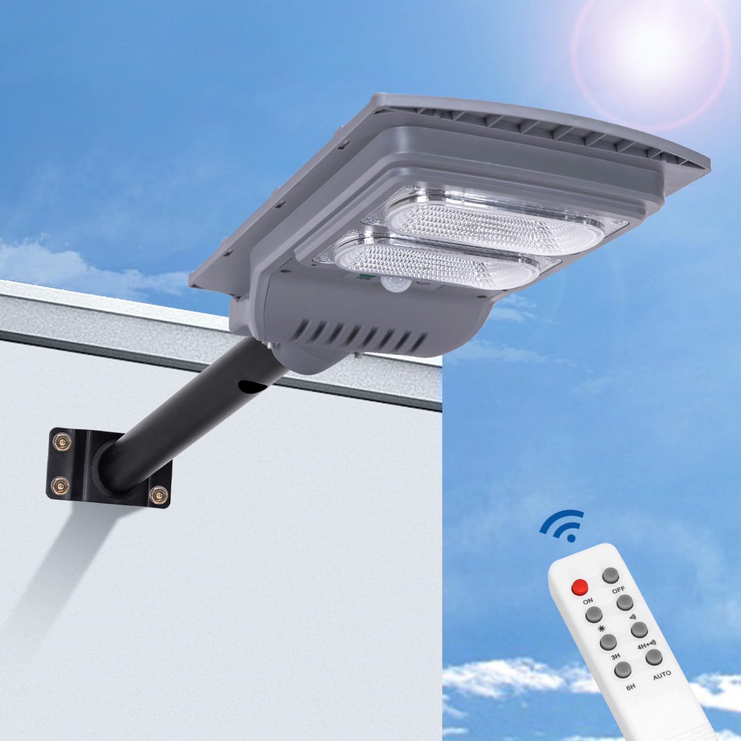 Aigostar - Farola solar exterior con sensor de movimiento, mando a distancia, 100W luz blanca. Foco solar LED para exterior con temporizador, impermeable protección IP65. No incluye soporte.