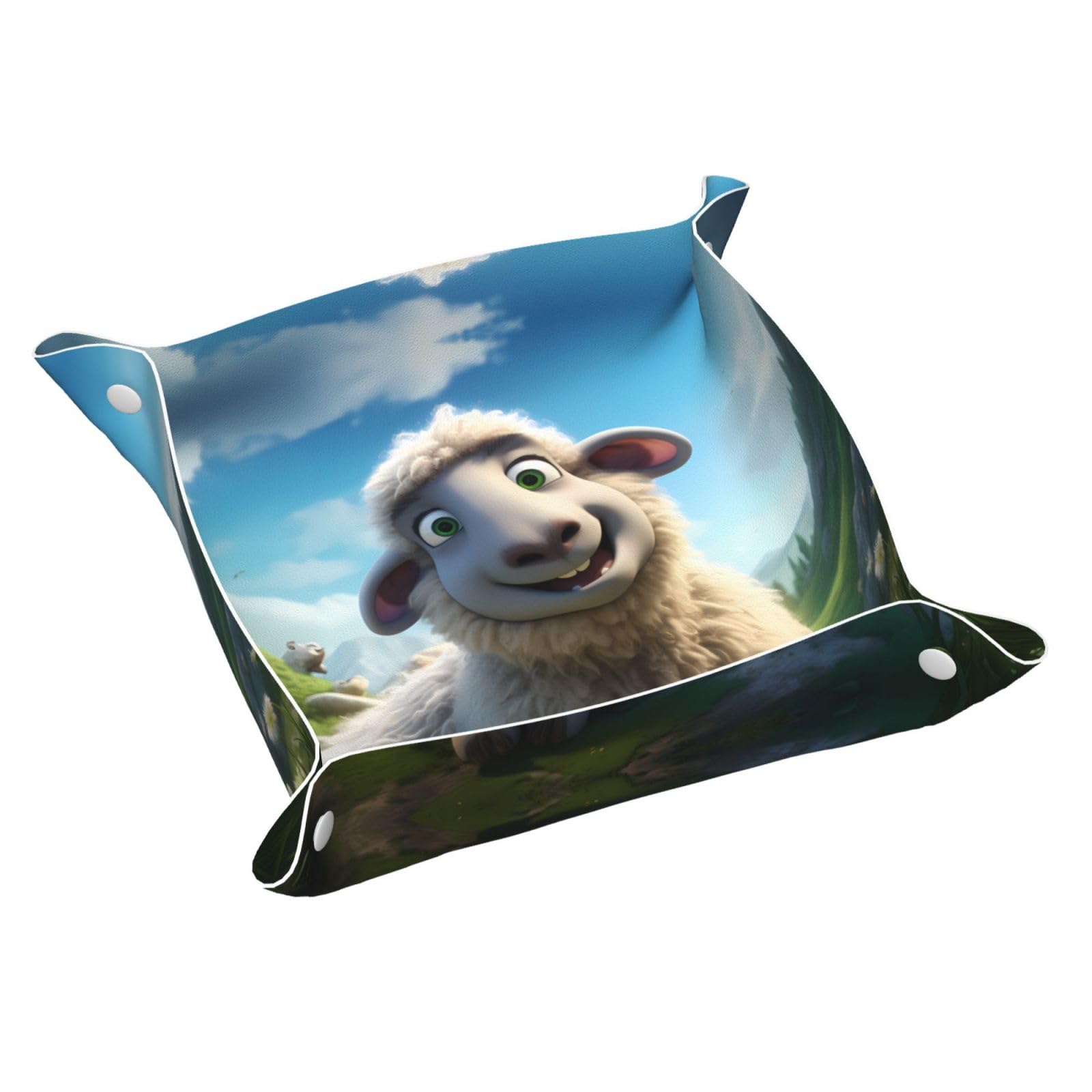 Yyhwhjde White Cartoon Sheep Picture Leather Storage Tray Waterproof And Easy To Clean For Neatly Keys, Jewelry, Makeup And Other Small Items Small 9.8X9.8 In