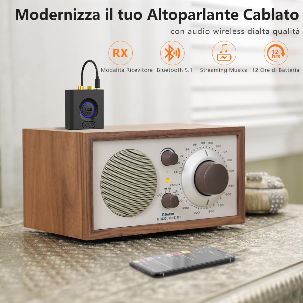 1Mii Ricevitore Bluetooth HiFi, Adattatore Audio Bluetooth 5.1 RCA/AUX 3,5mm Jack con Batteria da 12 Ore, con Modalità Bassi, Bassa Latenza per Impianto Stereo, Amplificatore, Casse Attive- ML200