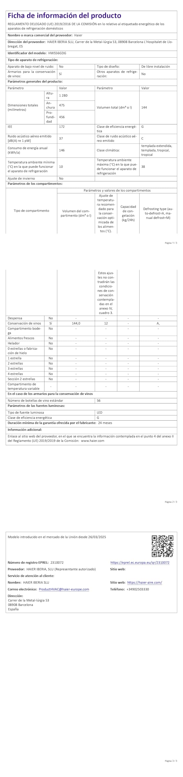 Cantinetta Haier 34006007 SERIE 5 Wine Bank 50 HWS56GDG Black
