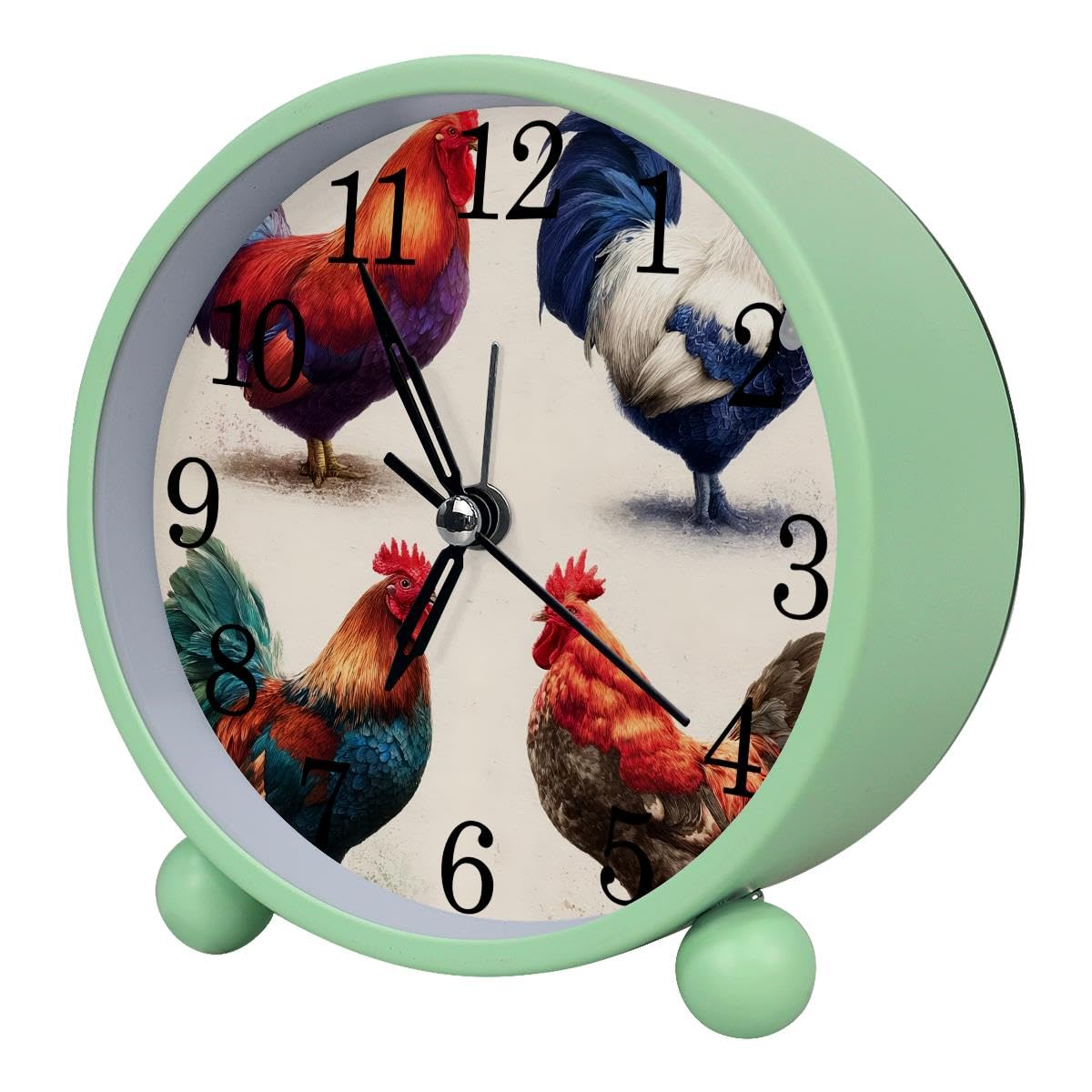 Luoweisi Alarm Clock Rooster, Silent Non-Ticking with Night Light, Round Metal Alarm Clock for Office, Battery Operated, Bedroom, Elderly, Adults, Children, Student Gifts