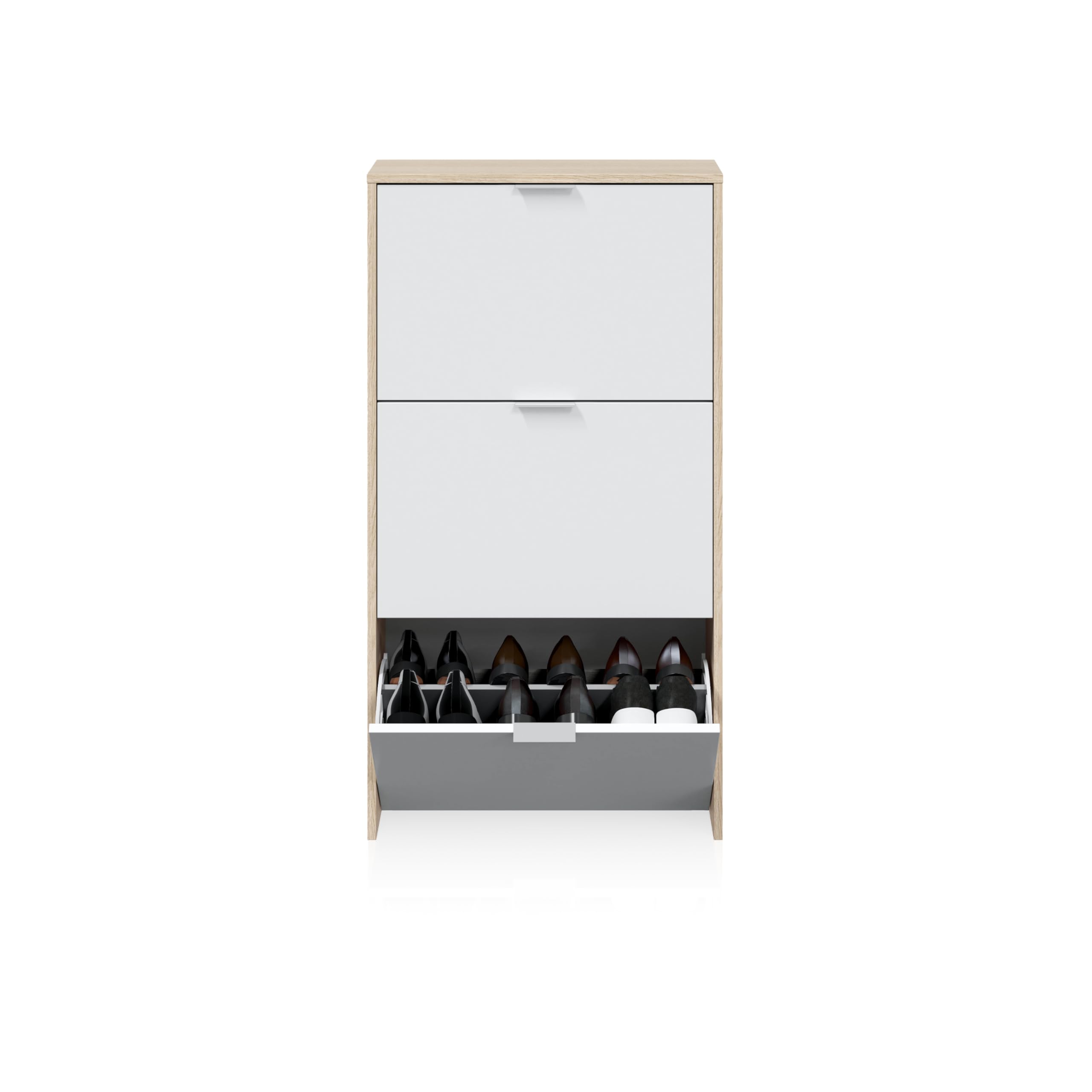 duehome | Zapatero 3 Puertas, Zapatero Estrecho, Acabado en Color Blanco Brillo y Roble Canadian, Modelo Remi, Medidas: 60 cm (Largo) x 113 cm (Alto) x 22 cm (Fondo)