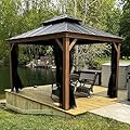 PURPLE LEAF 12' X 14' Outdoor Hardtop Gazebo for Patio Galvanized Steel Double Roof Permanent Canopy Teak Finish Coated Aluminum Frame Pavilion Gazebo with Netting