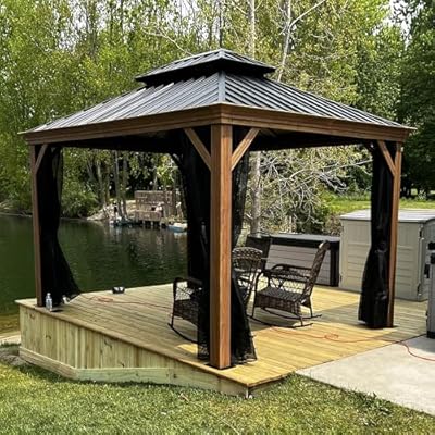 PURPLE LEAF 12' X 14' Outdoor Hardtop Gazebo for Patio Galvanized Steel Double Roof Permanent Canopy Teak Finish Coated Aluminum Frame Pavilion Gazebo with Netting