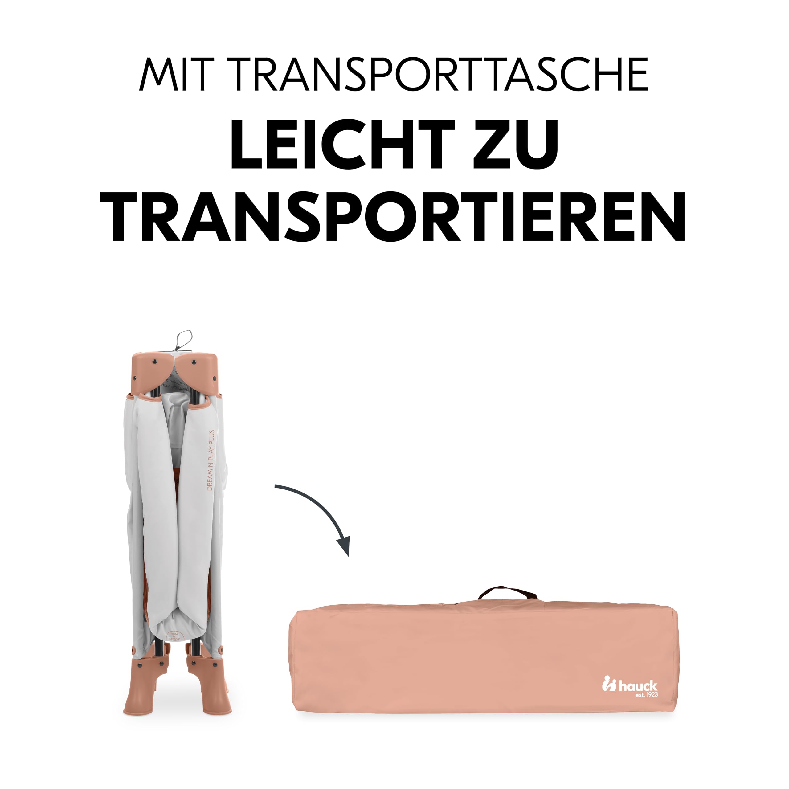 hauck Kinderreisebett Dream N Play Plus inkl. Spielbogen, Dusty Cork/Forest - ab Geburt bis 15 kg - mit XL Spiel Schlupf & Tragetasche - Leicht & Klein Zusammenklappbar