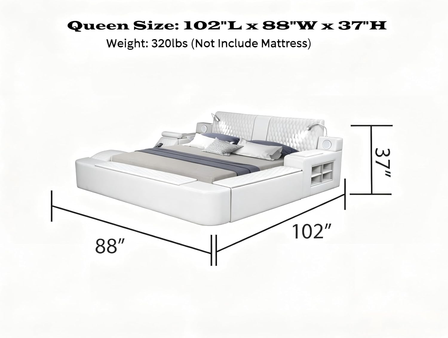 Queen Size Smart Bed, Multifunctional Leather Bed Frame with Massage Recliner/Upholstered Headboard/Music Speaker/USB Port/Storage Space, Modern Luxury Bed Frame(Beige)