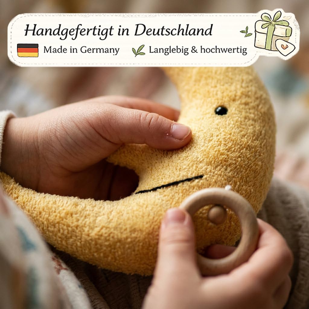 Efie Bio Spieluhr Mond – Bio-Baumwolle (KBA), Made in Germany, GOTS-Zertifiziert – Melodie: Brahms Wiegenlied |Guten Abend, Gute Nacht