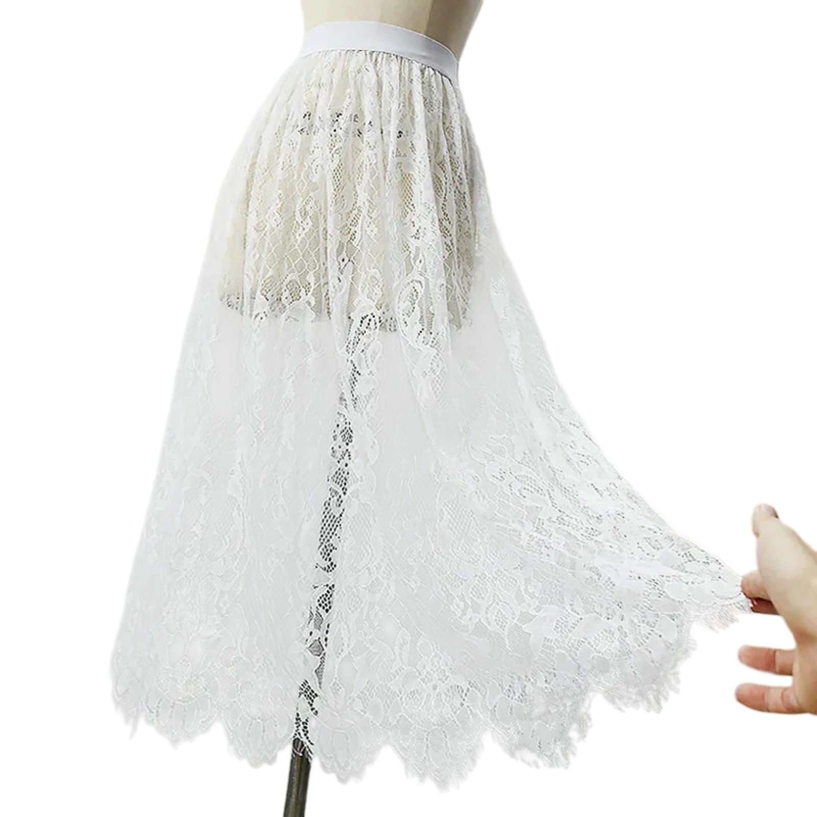 Minifalda Falda Elegante De Malla Las Mujeres Midi Cintura Alta Tulle Encaje En Capas Fluy Verano La Playa Fiesta Traje Estilo Chic-Lace White-One Size