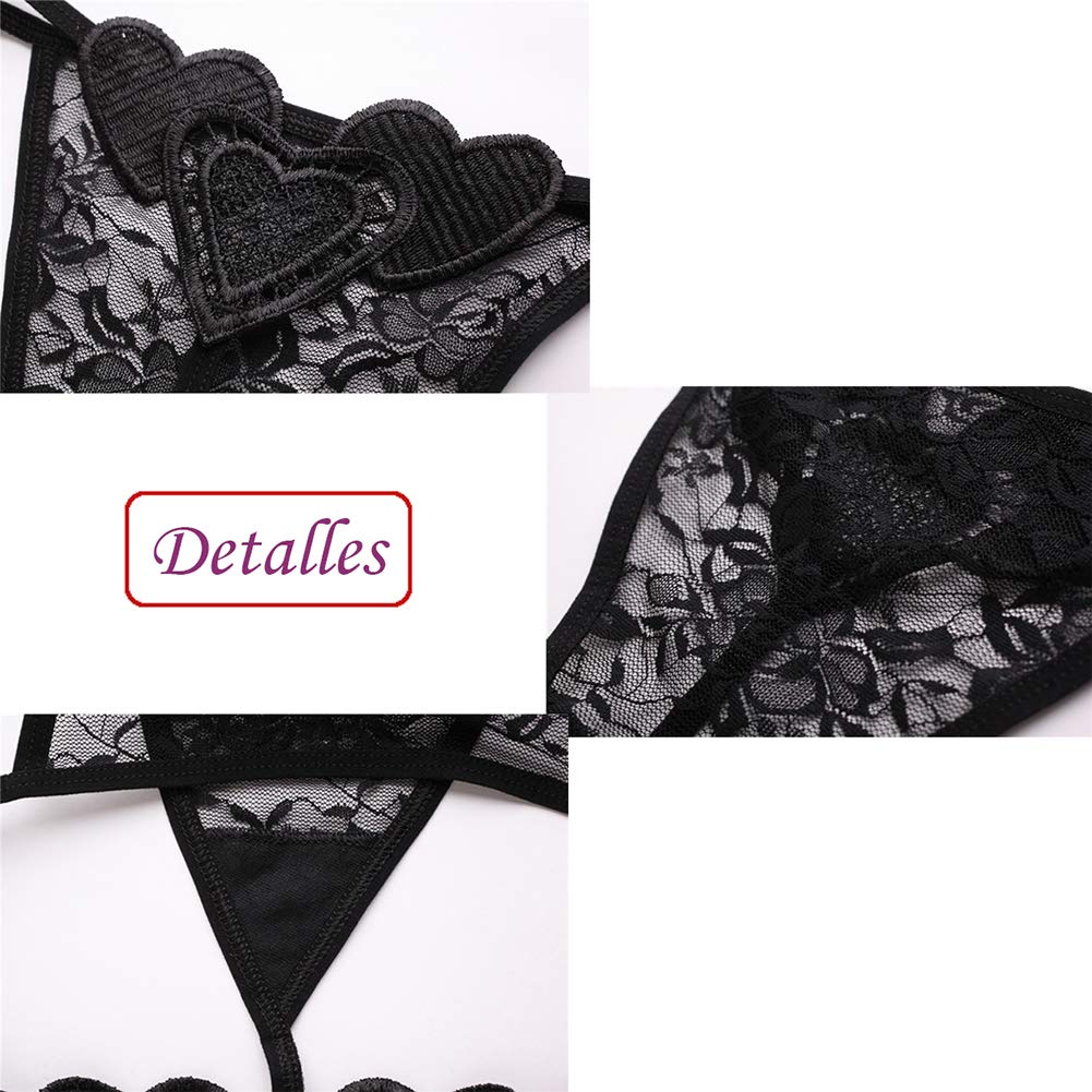 VicSec 4 Pack Braguitas Mujeres Sexy Encaje Fina, Erótica Tanga Suave G-String Atractiva Lencería Interior Espalda Decora Corazon Talla Única (Negro+Blanco+Rojo+Azul)