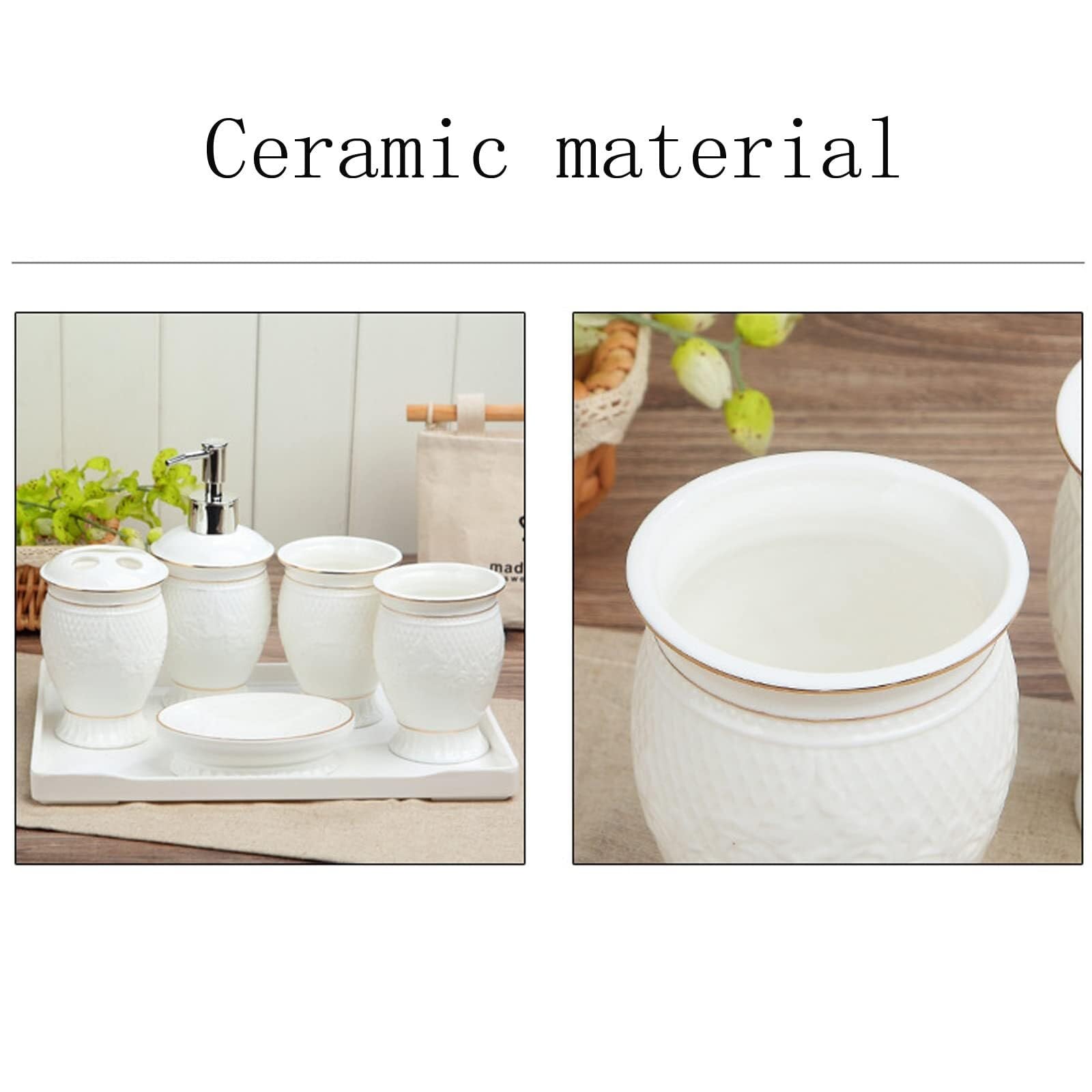 Set di accessori per il bagno 5 pezzi in ceramica includono dispenser for lozione, porta spazzolino da denti e 2 bicchieri sapone Arredamento per gli affittuari
