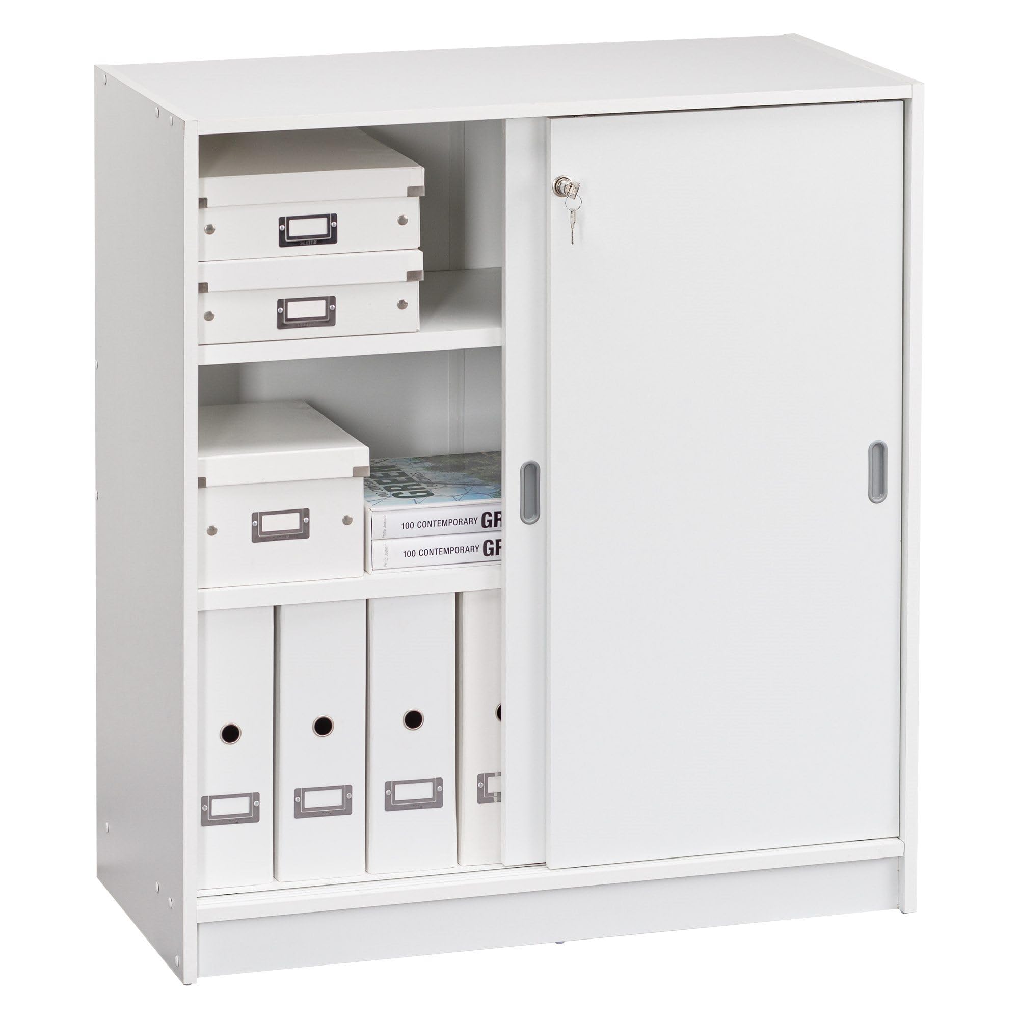 Armoire basse bois H 100 x L 90 cm portes coulissantes Essens (Blanc)