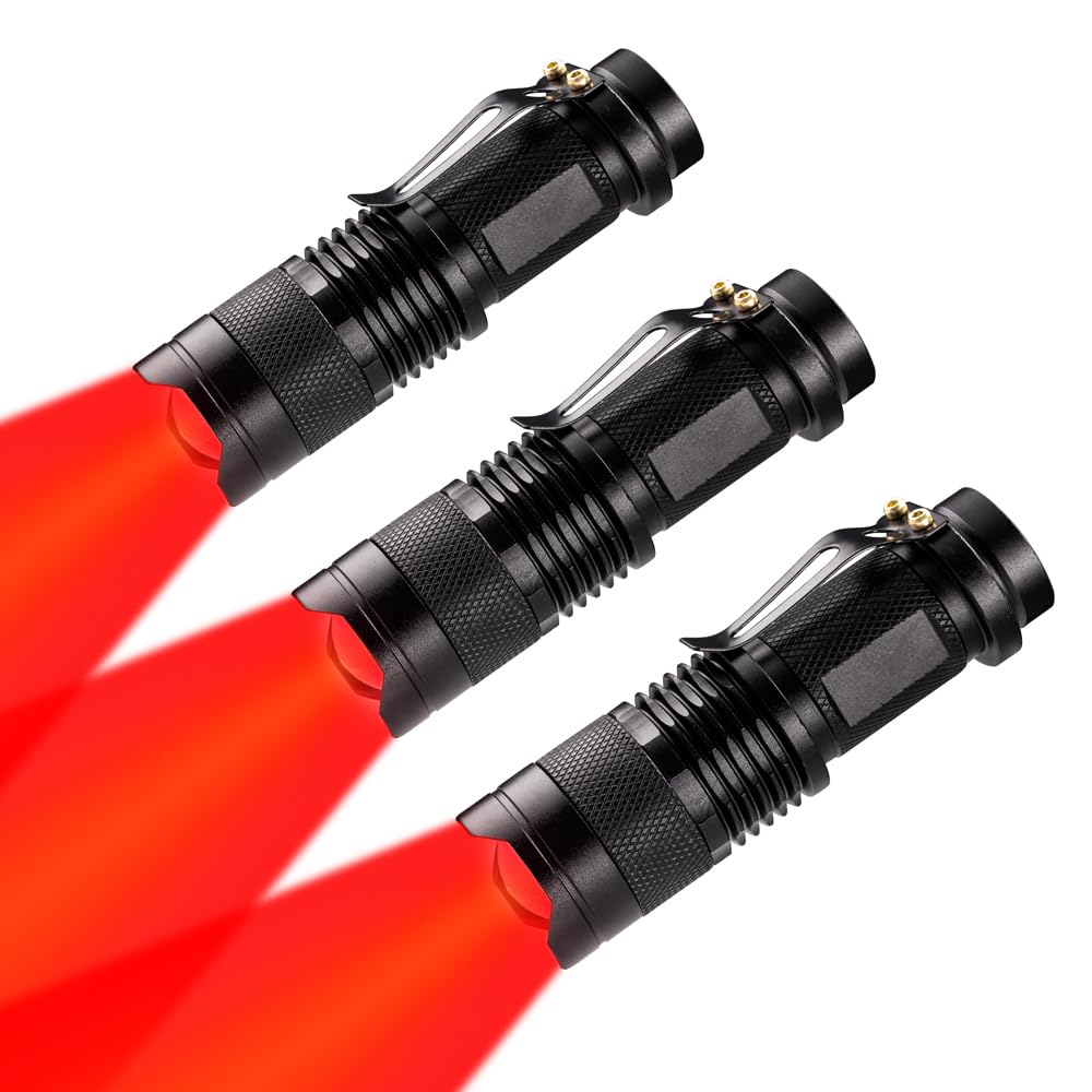 Pack of 3 Single Mode Red Light Flashlight, LED Torch for Astronomy, Aviation, Night Observation