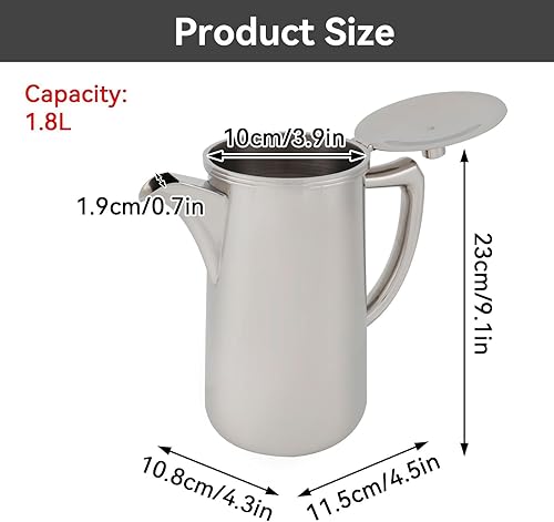 Miniatura 3 de Jarra de acero inoxidable con asa, jarra de agua aislada para bebidas frías de 60.35 onzas / 1.8 litros, hervidor de agua de gran capacidad con tapa