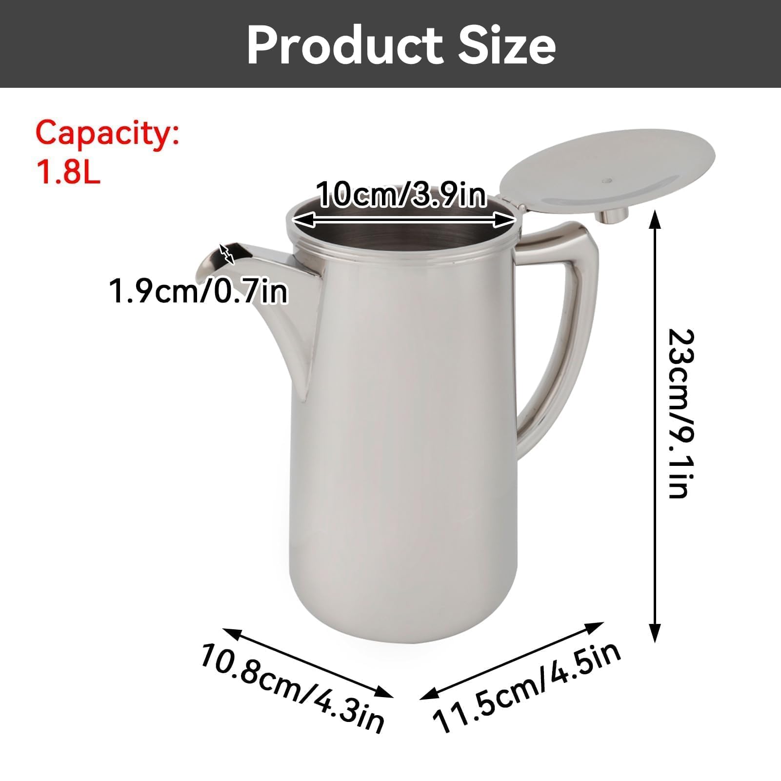 Jarra de acero inoxidable con asa, jarra de agua de 60.35 oz, 1,8 litros, hervidor de agua de gran capacidad con tapa para bebidas frías/calientes, té, leche, jugo
