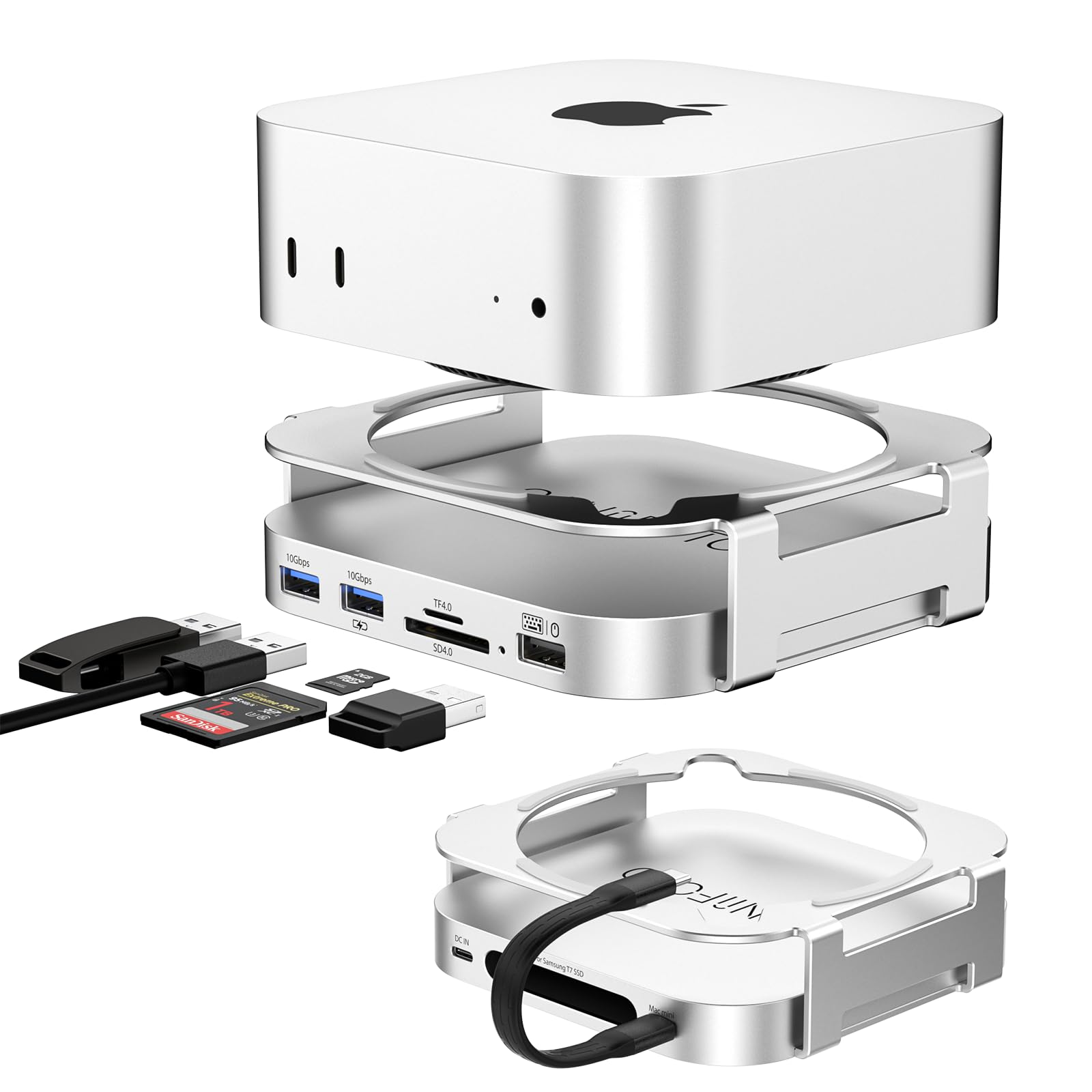 M-ac Mini M4 Dock with 4TB Sam-Sung T7 Portable SSD Enclosure(SSD NOT Included), 7-in-1 Aluminum Hub & Stand for Mac mini M4 and M4 Pro 2024, 10Gbps USB A 3.2, 15CM USB C Cable, SD/TF 4.0 Card Reader