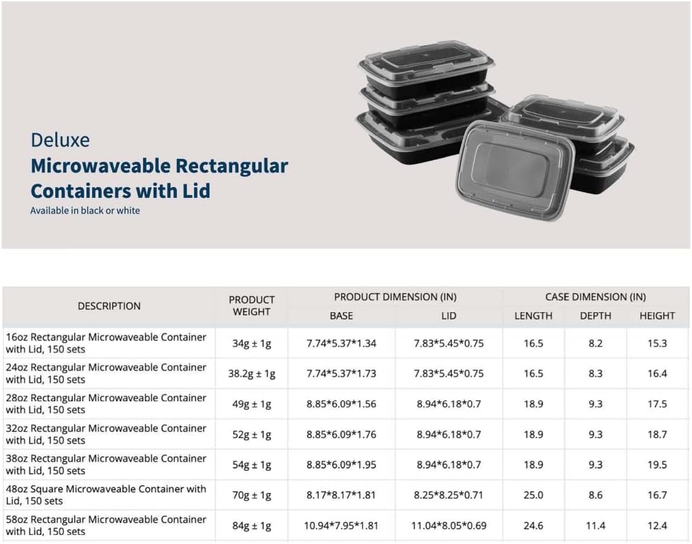 TIYA Containers - 48 oz Bulk 150 Pack with Lids - Rectangular Plastic To-Go Containers - Reusable, Microwavable, Dishwasher Safe - Leak-Proof for Meal Prep - BPA-Free