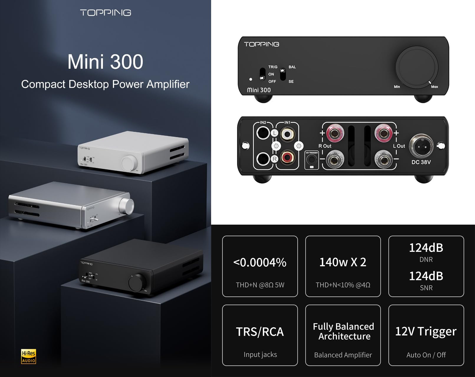 TOPPING Mini 300 - Amplificador de potencia para escritorio (140 W, 2