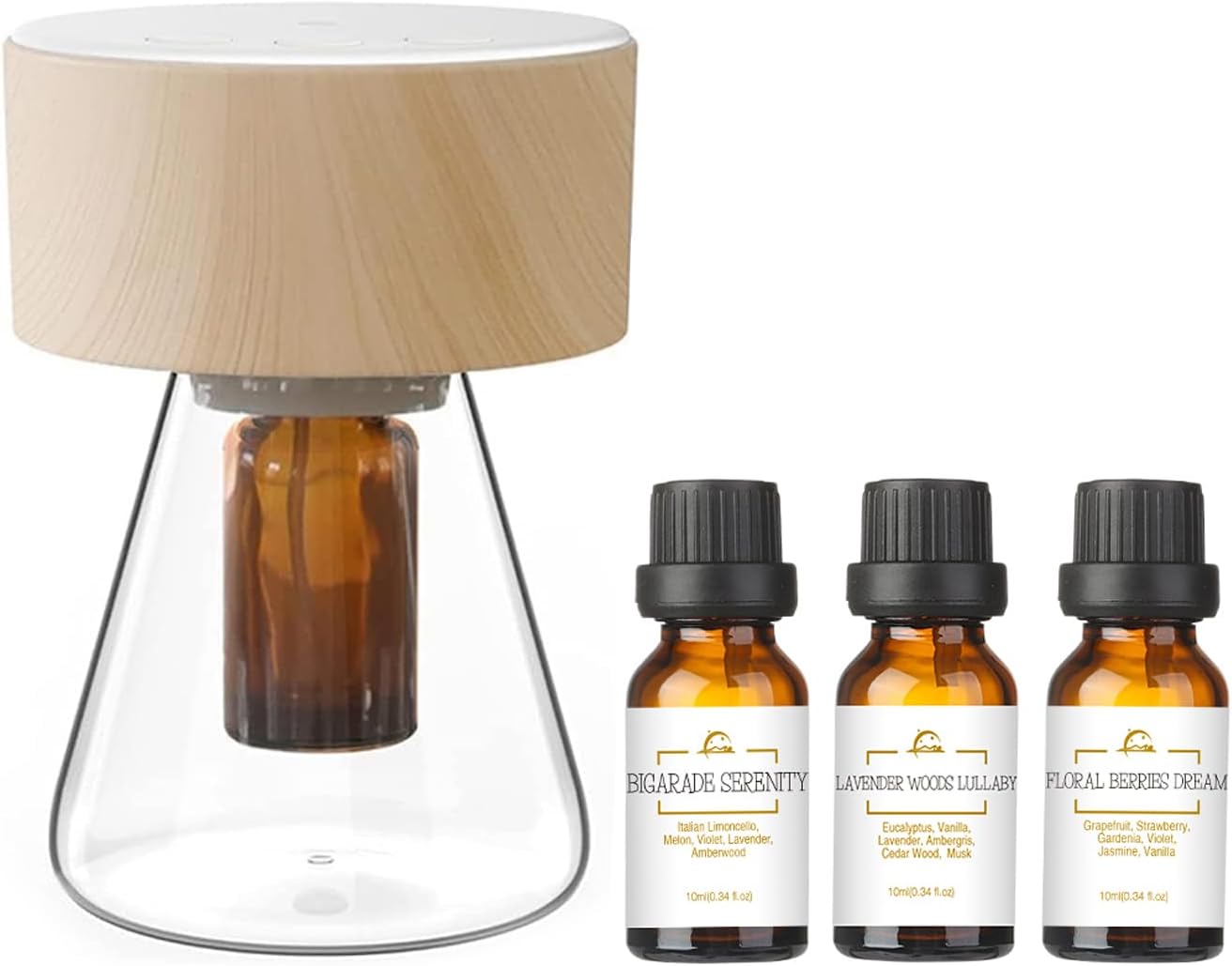 Twilight Aromatherapy Diffuser with Sweet Dreamscape Essential Oil Blends, Atomizing Technology Diffuser with Essential Oil Set, Optional LED Light, No Water, Quiet, Battery Operated -Woodgrain