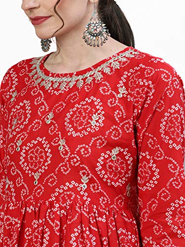 Image of ishin Women's Cotton Red Bandhani Jewel Neck Zari Embellished Peplum Kurta Set with Sharara and Dupatta