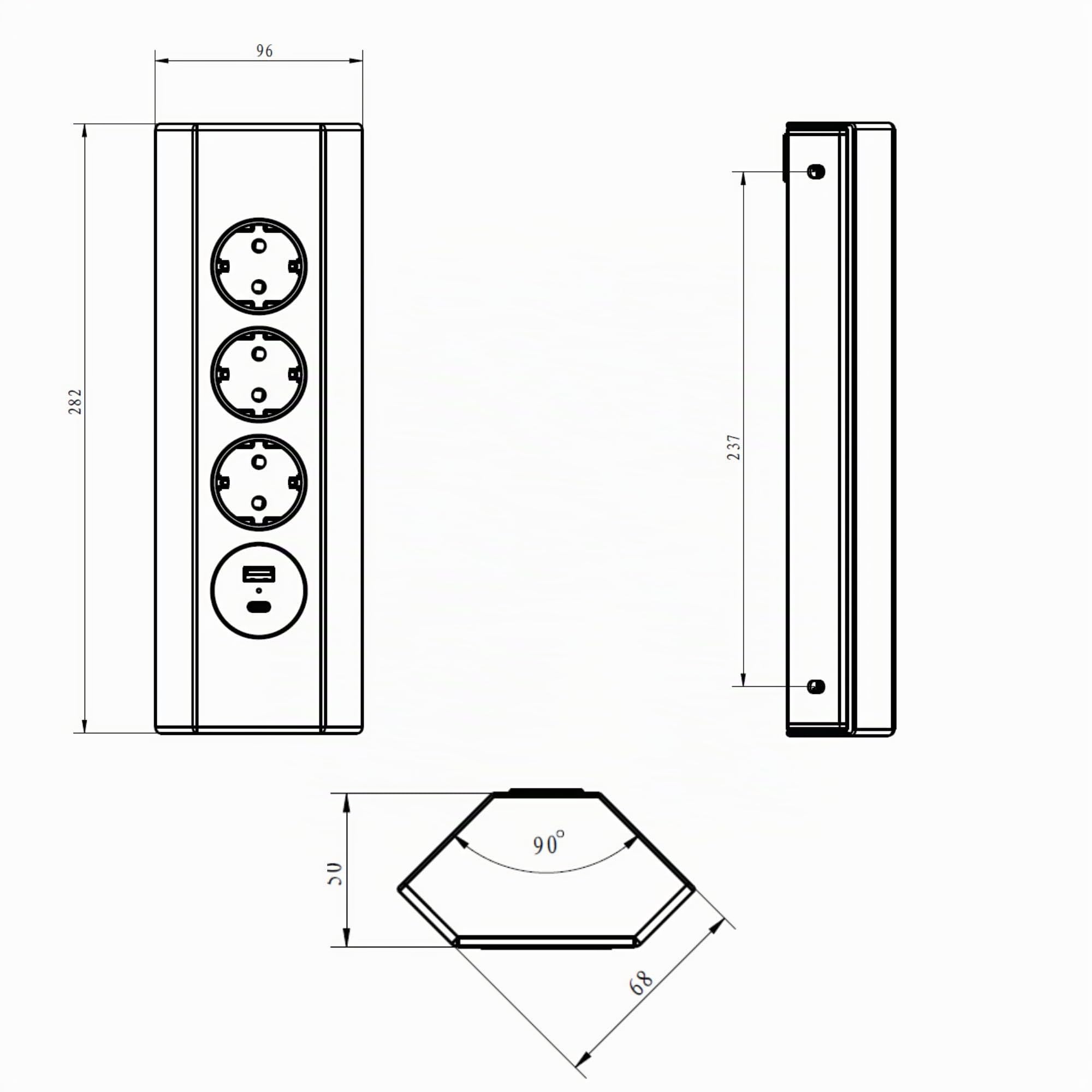 Kalb | Enchufe esquinero de acero inoxidable, enchufe triangular, enchufe múltiple para reequipamiento, 3 ranuras de 230 VAC, 1 ranura con 15,5 W USB Charger Type A+C, enchufe europeo de protección de
