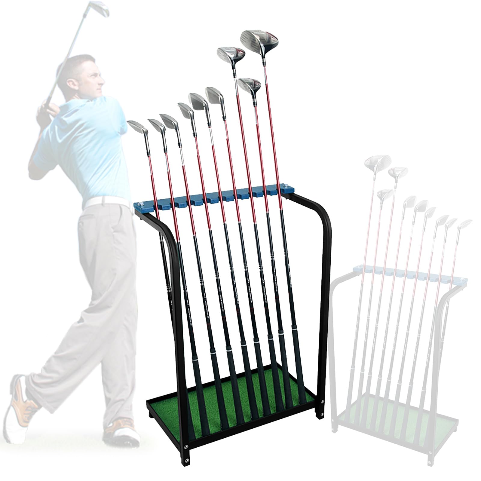 SEANESZTI Golf Putter Stand, Heavy Duty Iron Golf Display Rack with Artificial Grass Mat, Golf Club Holder Golf Club Organizer for 9 Clubs, Golf Clubs Shelf Storage Stand
