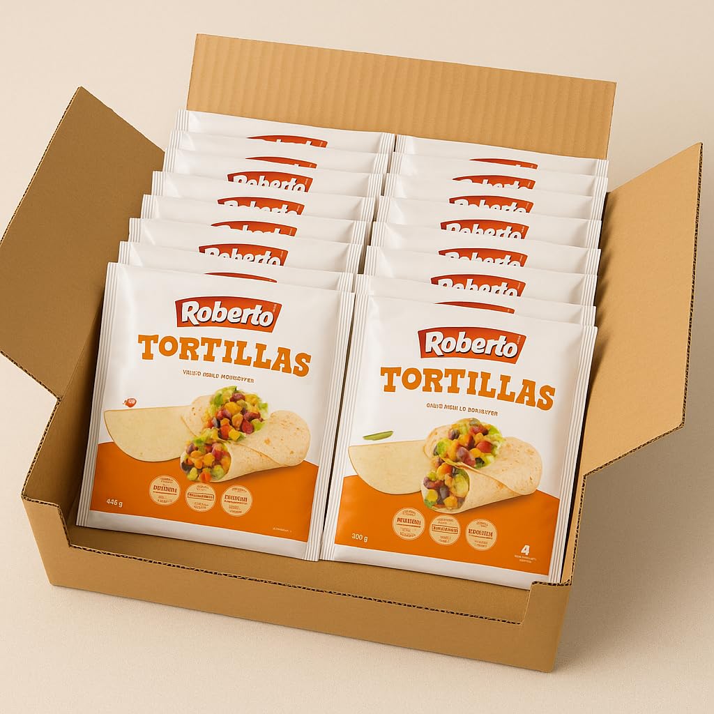 Roberto Tortillas di Grano Tenero – 12 pezzi di Tortilla Piadina Sottili, Arrotolabili e 100% Vegetali – Ideali per Wrap, Burritos e Fajitas Piatti Caldi e Freddi