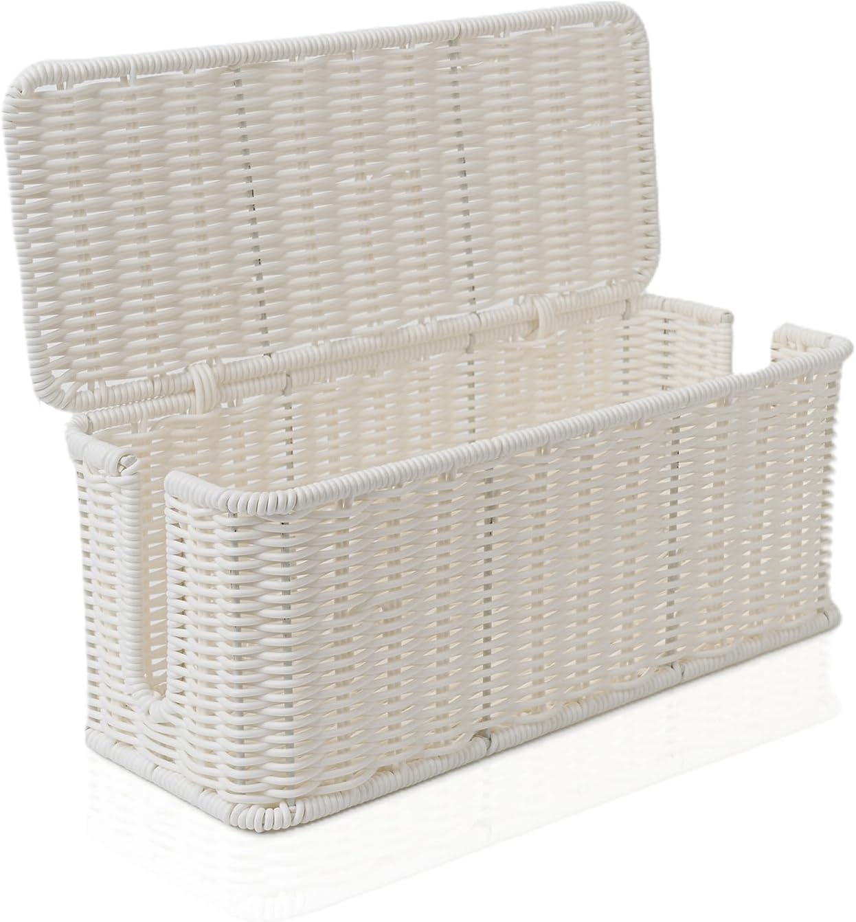 Cable Management Box, Handmade Rattan Cable Organizer, 2 Open Slots Cords Hider Box, Under Desk Cord Organizer for Computer Router USB Hub & Power Strip, Patent Pending, 13" x 5.1" x 5.1", White White Rectangle