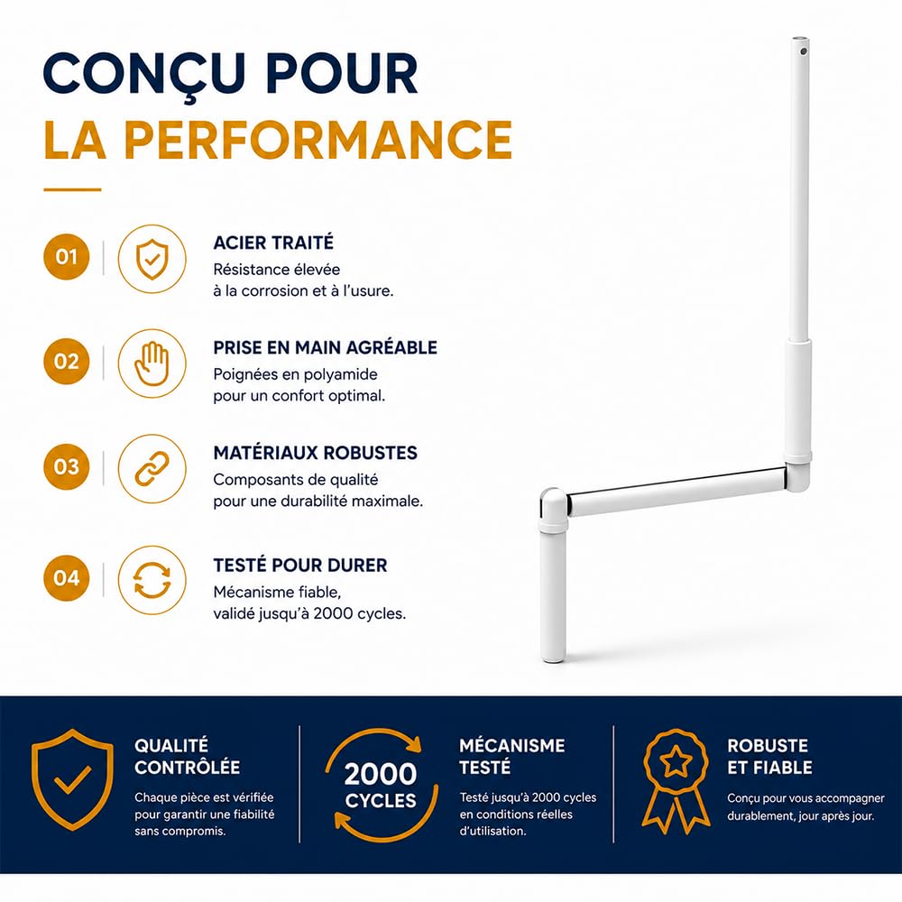 Manivelle Complète Blanche pour Volet Roulant Manuel - 130 cm - Tige Acier - Poignée Ergonomique - Sortie Ronde Ø12 mm