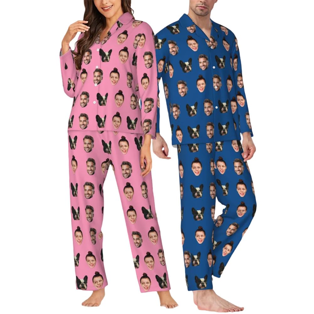Pyjamas Personnalisés avec Imprimés de Visages, Pyjamas Personnalisés avec Photo, Ensemble Personnalisé avec Imprimés de Chiens et Chats, Tenue de Famille Amusante assortie, Anniversaire Unique pour