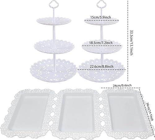 Miniatura 2 de Juego de 2 piezas de soporte de postre de 3 niveles, plato de fruta, cupcakes, plástico, vasos blancos, pasteles, postres, frutas, dulces, bufé,