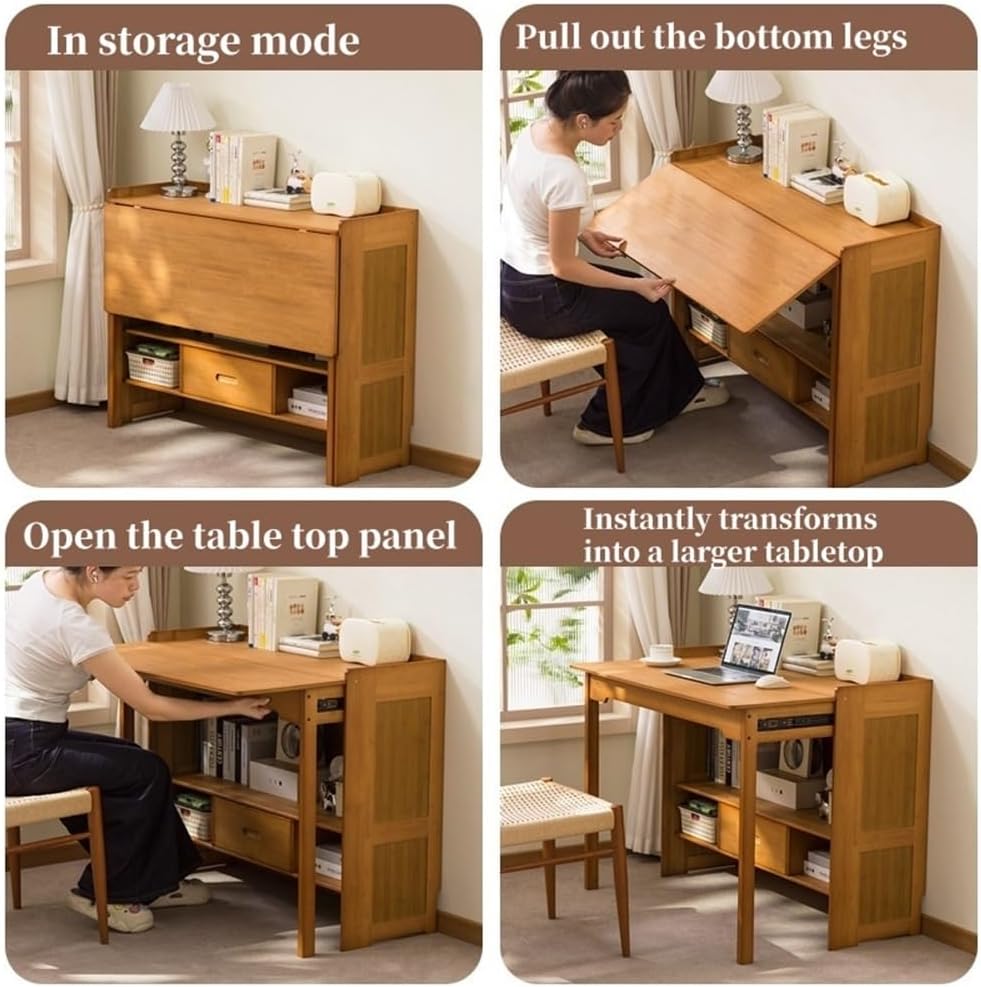Multifunctional Folding Desk with Storage, Solid Wood Study Table for Small Spaces, Bedroom & Home Office Computer Workstation(Brown,77cm) Brown 77cm