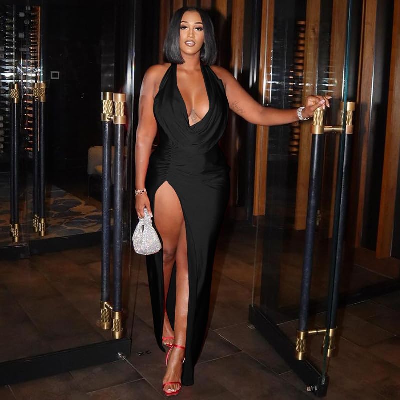 Women's Sexy Halter Sleeveless Birthday Dress Backless Deep V Neck High Slit Bodycon Maxi Dresses Party Gowns Clubwear - Image 3