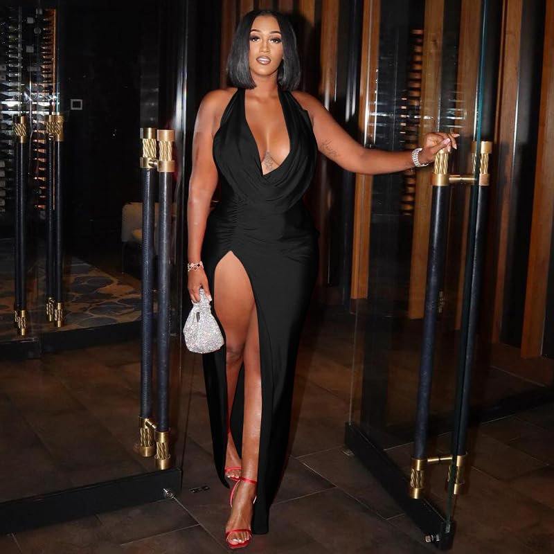 Image of Women's Fashionable and Sexy deep V-Neck Hanging Backless Temperament Split Buttocks Wrapped Dress