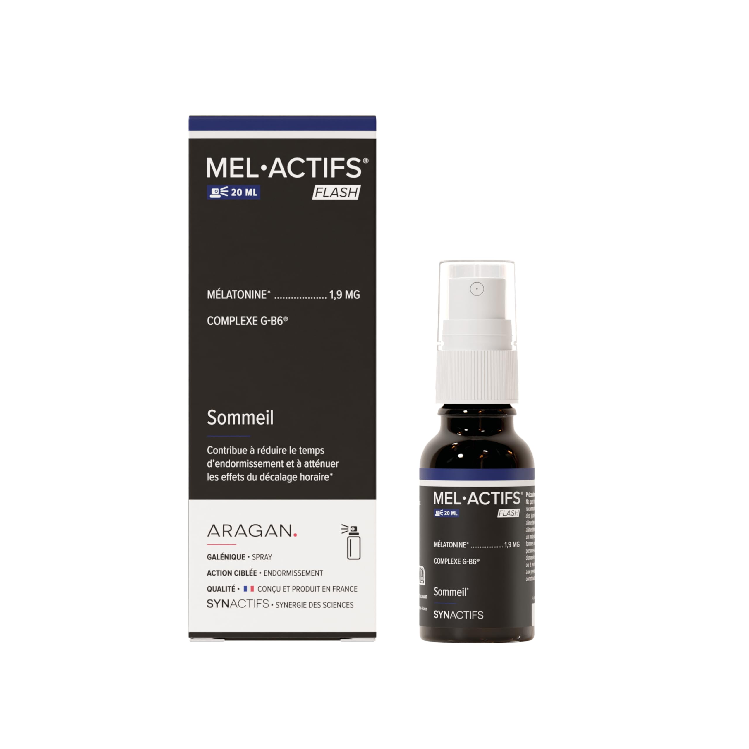 Melactifs Flash - Complement Alimentaire Melatonine 1,9 mg - Vitamine B6, Glycine - Format Spray - Aragan - 20ml
